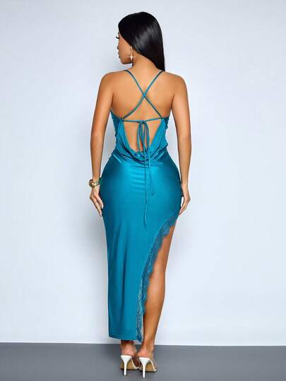 SOLERSUN Đầm dài nữ màu trơn thanh lịch, gợi cảm, xẻ tà, cổ trễ, dây đeo, cổ áo xòe, cổ áo có túi, eo thấp, lưng hở chéo, đầm dự tiệc gợi cảm và sang trọng, thích hợp cho hẹn hò, tụ họp, tiệc tùng, du lịch, nghỉ mát, đi biển và các dịp khác.