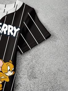 TOM & JERRY X SHEIN 青少年男孩条纹字母卡通印花圆领短袖T恤和短裤休闲日常穿搭 - 白色 - 查看 4