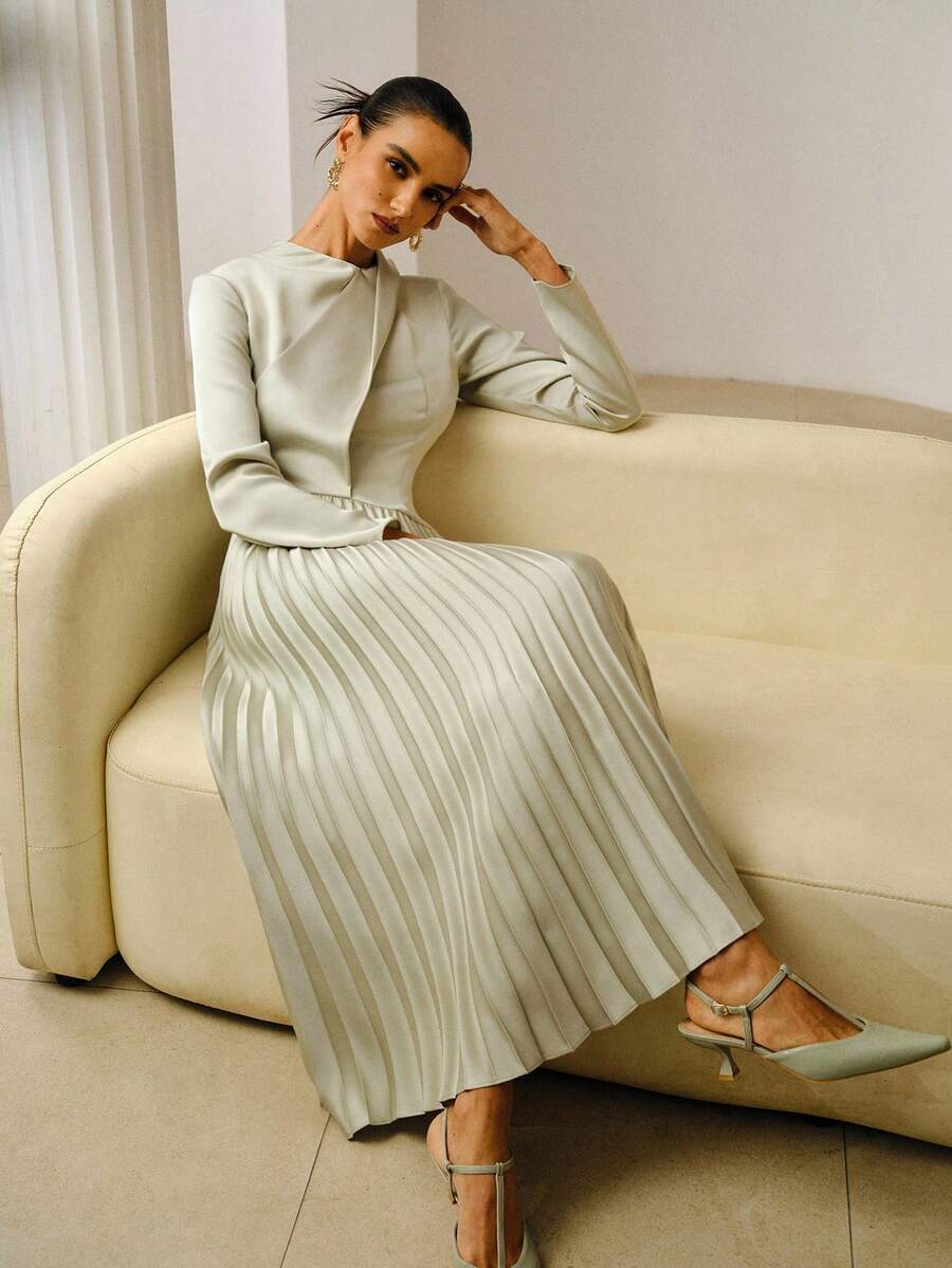 ZEYLAH Asymmetric Neck Pleated Long Sleeve Satin Dress, Spring/Summer - Green - View 1