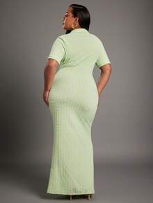 NYA SZN Avocado Green Summer Smart Casual Everyday Women's Plus Collared Textured Fitted Maxi Dress Modest Wedding Guest Prom Bridal Dinner Date Night Outfits - Green - View 2