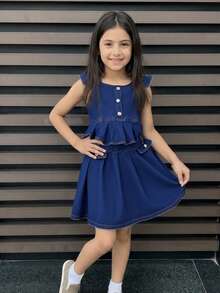 Setelan Denim 2 Potong untuk Anak Perempuan Remaja, Rompi Denim Tanpa Lengan Bergaya Vintage dan Rok Lipit Denim, Musim Panas - Biru - View 3