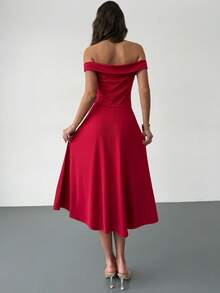 SHEIN LUNE Women's Elegant Red Summer Party Dress, Off Shoulder One Neck Medium To Long Formal Dress,Waist Cinching Metal Decoration Wedding Bridesmaid Prom - Red - View 2