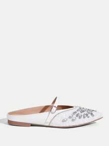 CUCCOO TILAWA 女士时尚尖头平底白色绑带全钻水钻舒适通勤百搭华丽派对宴会女士平底穆勒鞋 - 白色 - 查看 2
