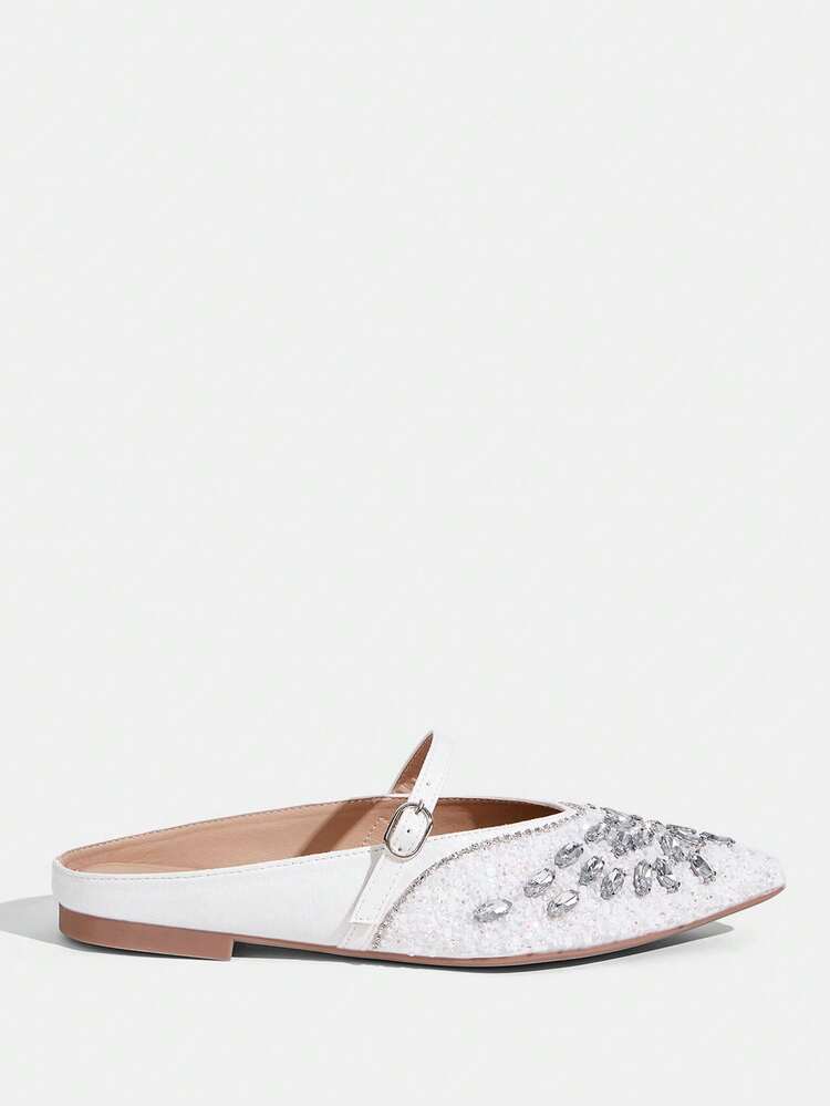 CUCCOO TILAWA Women Shoes Fashion Pointed Flat Bottom White Strap Full Diamond Rhinestone Comfortable Commuter Versatile Gorgeous Party Banquet Ladies Flat Shoes Mule Women's Shoes