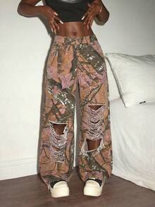 Slaydiva 女士全印花破洞阔腿休闲牛仔裤 - 彩色 - 查看 1