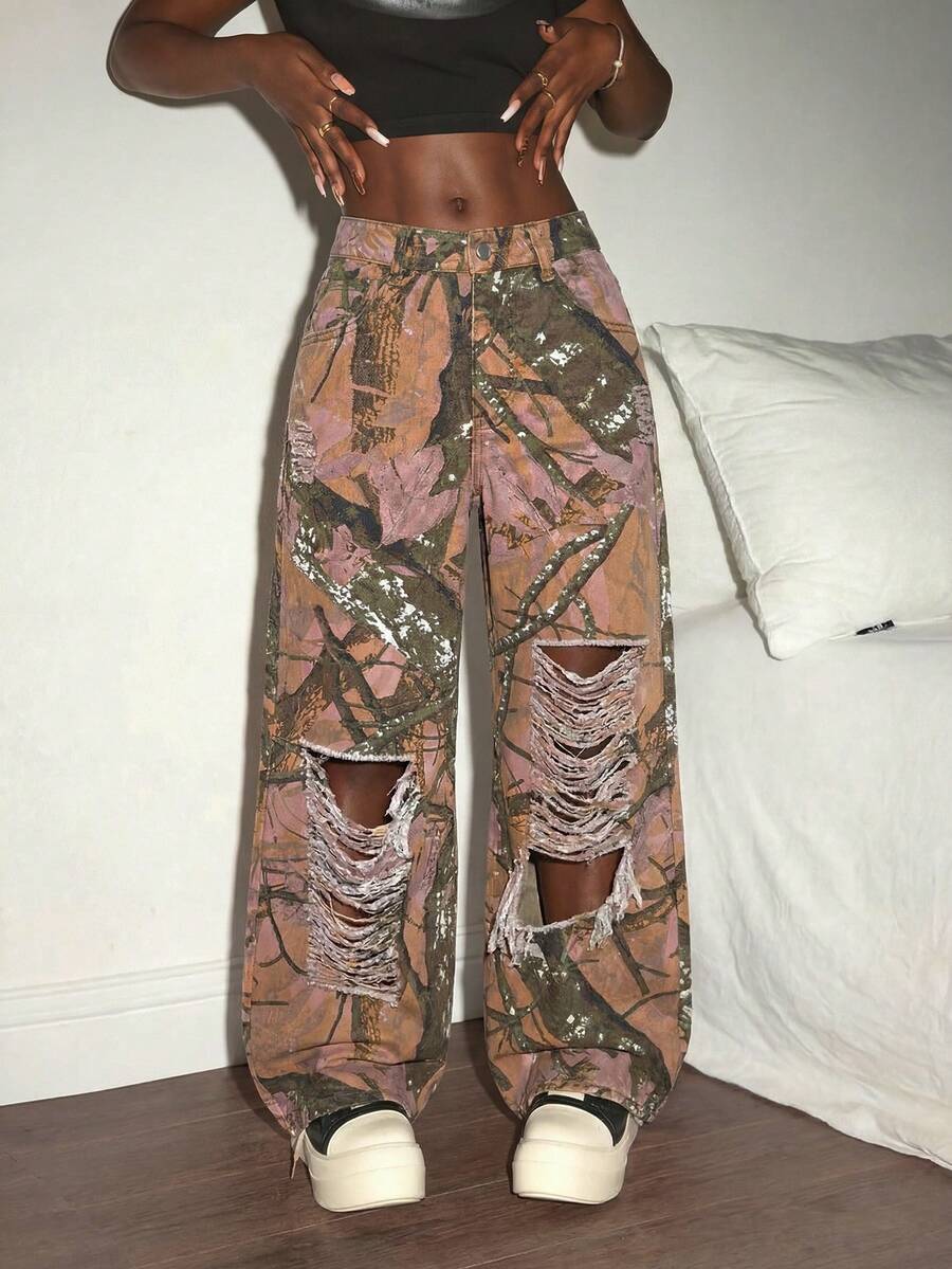 Slaydiva 女士全印花破洞阔腿休闲牛仔裤 - 彩色 - 查看 1