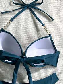 Swim SXY Bộ bikini nữ mùa hè đi biển màu trơn, kiểu thắt nút xoắn, hở lưng, dây buộc cổ, có gọng. - Màu xanh lam - Xem 7