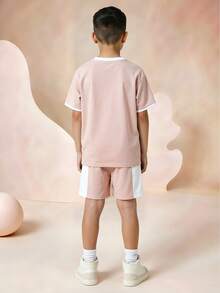 2pcs Tween Boy Casual Sportswear Set,White And Red Color-Blocked Patchwork Letter Print Short-Sleeved Shirt&Basketball Shorts,Summer Back-To-School - Multicolor - View 3