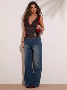 SHEIN BAE Áo hai dây ren màu nâu cổ chữ V không tay dành cho nữ, thích hợp cho kỳ nghỉ thường ngày, đi biển, hẹn hò lãng mạn, dự tiệc, hẹn hò cuối tuần, váy đi biển, áo ren, trang phục lễ hội âm nhạc, áo ren màu nâu, áo gợi cảm thanh lịch, áo tiện dụng. - màu nâu - Xem 6