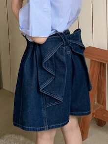 Dazy Kids 少女纯色蝴蝶结牛仔短裤夏季款 - 藍色 - 查看 7