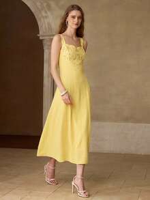 MOTF PREMIUM Đầm nữ bằng vải lanh thêu, kiểu dáng thường ngày/hẹn hò, mùa xuân/hè. - Màu vàng - Xem 1