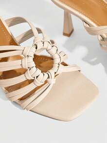CUCCOO SZL Women's Woven Decor Multi-Strap Square Toe Chunky Heel French Elegant Leather Mule Slides, Suitable For Daily, Commute And Date Prom Heels Summer Shoes - White - View 4