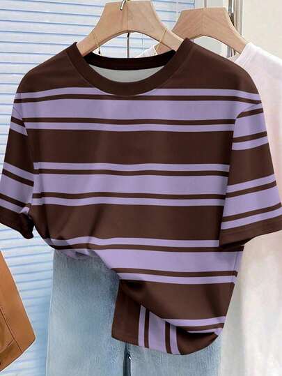 Resyla Camiseta de mujer de manga corta, cuello redondo, de corte holgado, con rayas marrones y rosas en estilo minimalista casual