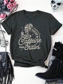 EMERY ROSE Áo thun cổ tròn tay ngắn cỡ lớn in hình đầu lâu uống cà phê với khẩu hiệu chữ cái - Màu xám đen - Xem 3