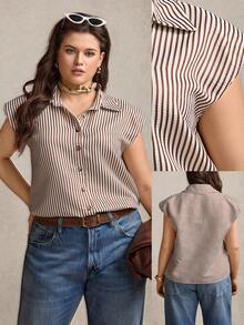 Zelara 大码夏季休闲通勤条纹棕色上衣，商务休闲上衣，适合度假、海滩度假、复活节、春夏穿着。 - 彩色 - 查看 1