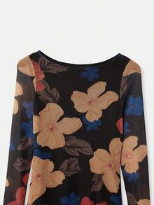 lacRébo 橙红色花卉印花长袖修身网纱长裙，法式巴黎风 - 黑色 - 查看 12