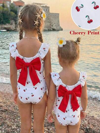 Emery Rose Kids Emery Rose Kids Young Girls' Pink Flutter Sleeve Bow Tie One-Piece Swimsuit, Matching Sister Set