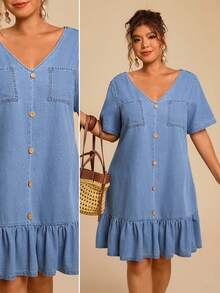 Travachic Vestido de mezclilla informal con volantes en el bajo para tallas grandes - Azul lavado medio - Ver 2