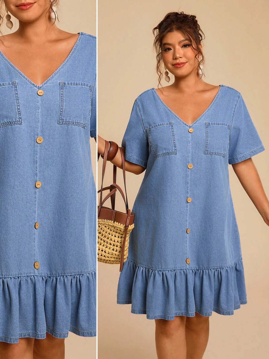 Travachic Vestido de mezclilla informal con volantes en el bajo para tallas grandes