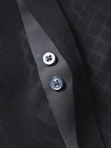 Manfinity Mode 男士纯色前扣口袋休闲商务长袖衬衫，男士黑白格纹撞色衬衫，时尚男士黑色菱形纹理衬衫，舒适长袖纽扣上衣，商务休闲男士衬衫，男士黑色衬衫，男士黑色正装衬衫 - 黑色 - 查看 5