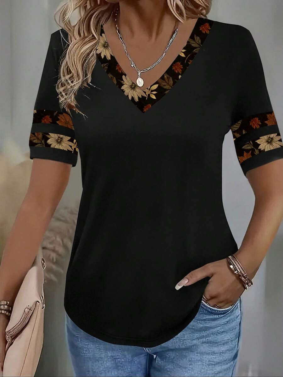 EMERY ROSE Women's Botanical Print Minimalist V-Neck Short Sleeve T-Shirt, Casual Daily Wear - Multicolor - View 1