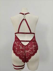 2pcs Plus Size Lace Wireless Lingerie Set, Intimate Apparel For Valentine's Day - Burgundy - View 4