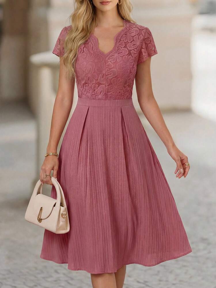 Pink Lace V Neck Fitted Waist Flared Midi Dress Elegant Formal Party Wedding Guest Bridesmaid Outfit Pink Dress Pink Top Elegant Dresses For Women Formal Dresses For Women Party Dresses For Women Wedding Guest Dresses For Women Party Outfit Wedding Outfit,Summer Dress Elegant Midi Dress,Graduation Outfit For Mother,Wedding Guest Dress For Women, Ruffle Dress,Summer Outfits For Women