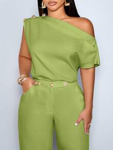 SOLERSUN Women's Plus Size Spring/Summer Elegant Asymmetrical Collar Sleeveless Metal Button Fitted Solid Color Blouse One Shoulder Shirt One Shoulder Top Office Date Evening Top Office Commuter Blouse, Top For Daily Wear Modest Clothes For Ladies Outfit Women Women Spring Outfit Women S Summer Outfits Women S Holiday Co Ord - Green - View 5