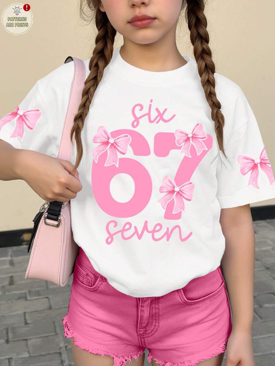 少女休闲简约个性酷炫数字67,蝴蝶结装饰,白色短袖圆领印花T恤,适合夏季穿着 - 彩色 - 查看 1