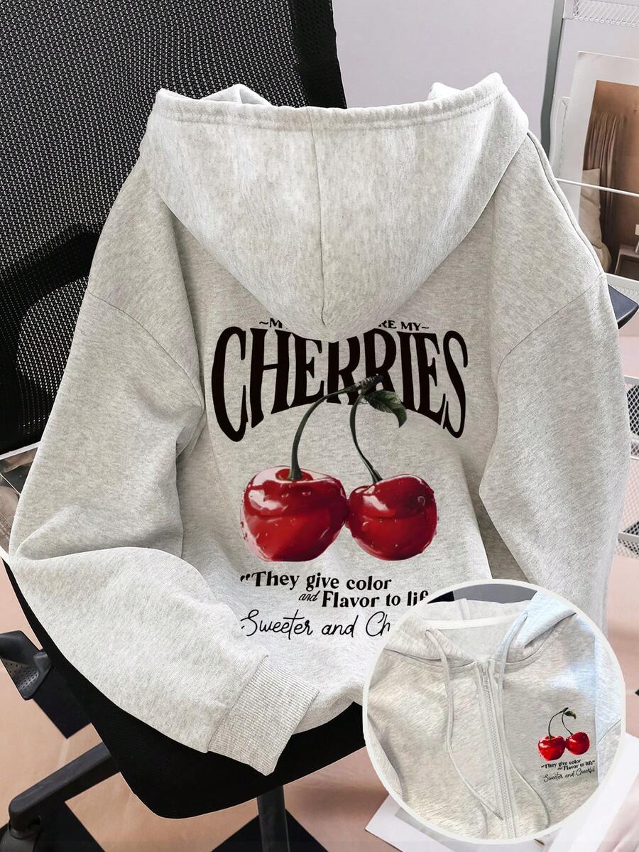 女士印花拉链外套，灰色，秋冬新款，水果樱桃字母图案，返校季，教师节，女士卫衣 - 彩色 - 查看 1