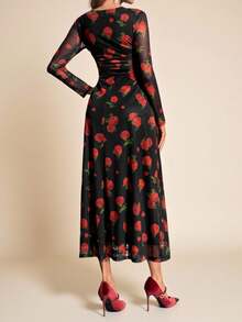 Amorya 女士优雅方领长袖A字连衣裙，适合派对、秋冬春夏情人节派对、春夏装扮、碎花连衣裙、优雅情人节连衣裙、节日服装、中国新年服装、舞会礼服 - 彩色 - 查看 3