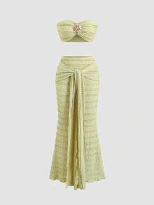 Sweetra Strapless Crop Top And Front Tie Fishtail Skirt Set, Suitable For Vacation, Outing, Birthday Party - Green - View 1