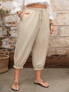 SHEIN Quần ống loe phối ren bằng vải lanh cỡ lớn dành cho nữ, thích hợp cho mùa hè. - Màu be - Xem 3