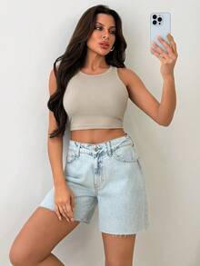 Daily Casual Mid Rise Baby Blue Denim Woman's Short Zipper Front - Light Wash - View 3
