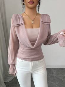 Modelyn Women's Elegant Commuter Shiny Draped Neck Cinched Waist Blouse,Pink Top - Pink - View 5