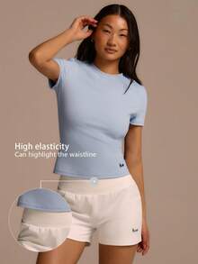 Fluxe Camiseta casual versátil de mujer con cuello redondo y manga corta ajustada - Celeste - Ver 7