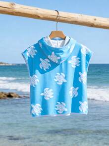 Toddler Boys'Cute Cartoon Turtle Blue And White Striped Summer Beach Holiday Hooded Cover Up Swimwear,V-Neck Baby Wearable Towel,Infant Swim Poncho - Blue and White - View 4