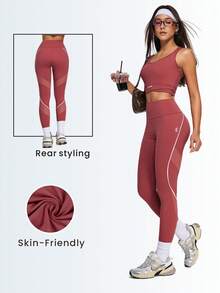 Gameset SHEIN Sport Women's Mauve High Waist Leggings With Mesh Panels & White Contrast Piping,Compression Curved Contrast Line,Skin Friendly Fit Lifting Leggings - Burgundy - View 9