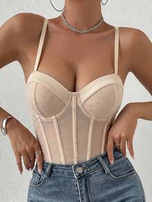 Glamine Solid Color Spaghetti Strap Fishbone Seam Sleeveless Stylish Bodysuit - Khaki - View 3