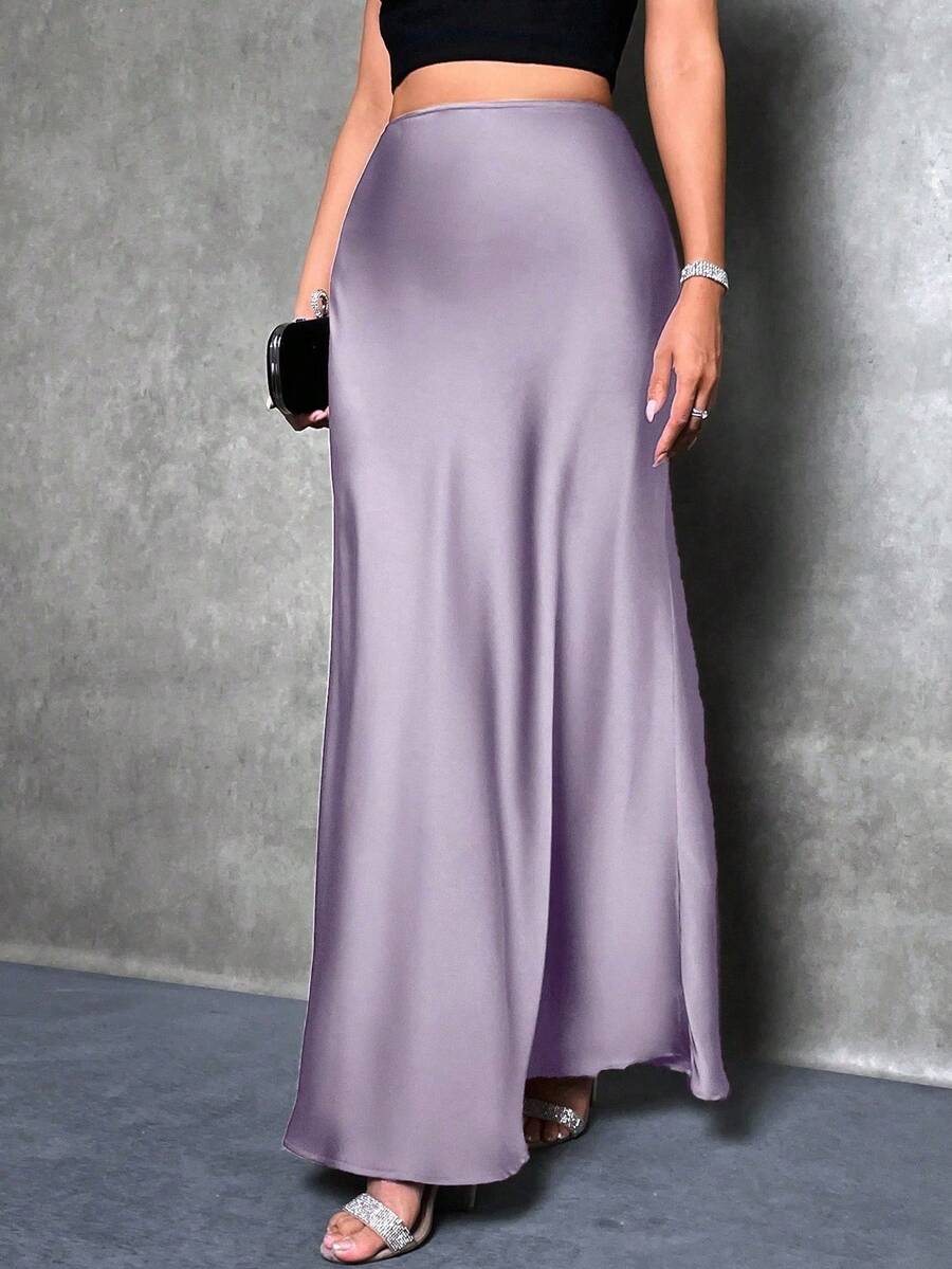 女士纯色美人鱼款长裙，缎面裙，优雅连衣裙，适合派对、日常穿着，黑色裙子 - 紫色 - 查看 1