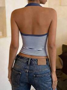 DrmWander 夏季休闲条纹露背吊带上衣 - 玫紅色 - 查看 2