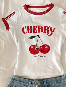 SHEIN Camiseta corta de manga corta con estampado de cerezas para niñas preadolescentes, estilo bohemio y esponjoso, casual y cómoda, diseño adecuado para exteriores, deportes, fotografía, hogar, escuela, festivales, regalos, conjunto de cerezas, ropa de niñas con estampado de cerezas - Blanco - Ver 3