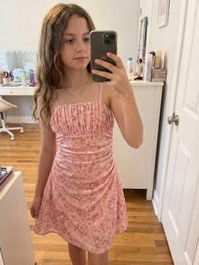 SHEIN Tween Girls' Sweet Ditsy Floral Ruffle Strap Summer Dress - Pink - View 6