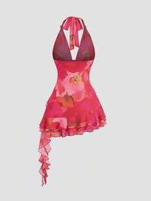 Sweetra Women's Romantic Vacation Style Printed Layered Ruffle Hem Halter Backless Mini Dress, Spring/Summer - Hot Pink - View 2