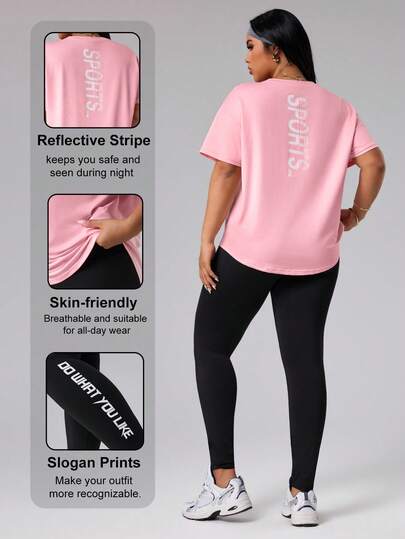 Rhythm Era Women Plus Size Solid Color Round Neck Short Sleeve Top And Skinny Leggings Casual Sportswear Set