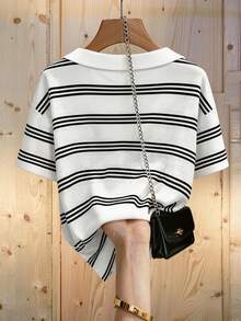 Resyla Striped Digital Print Fashionable Minimalist Women's Polo Shirt, Gift For Friends - Multicolor - View 2