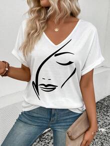 Selamara Áo thun nữ tay ngắn cổ chữ V in họa tiết trừu tượng, kiểu dáng thường ngày, đa năng, bán chạy nhất, hàng mới về. - trắng - Xem 5