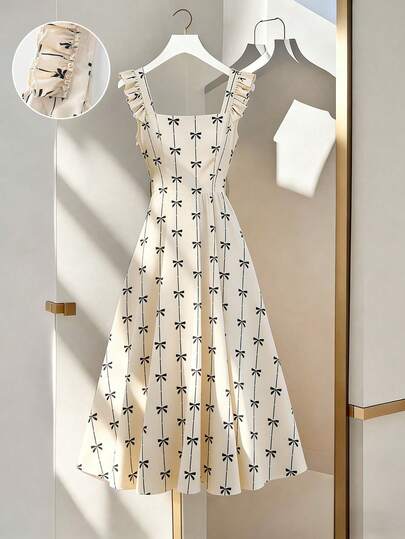 GlowEve CURVE Plus Size Women's Butterfly Floral Long Dress, Ruffle Shoulder Straps, Elastic Waist, A-Line Dress, Fashionable Vacation Long Dress