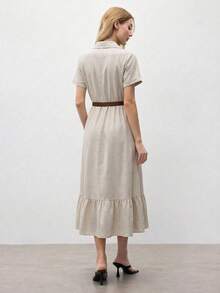 Women's Casual Elegant A-Line Mid-Length Dress, With Collar Short Batwing Sleeves, Front Button Design, Ruffle Hem - Light Beige - View 2