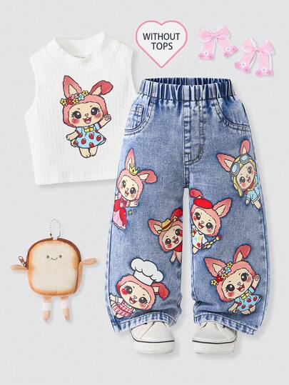 1pc Baby Girls' Casual Cute & Sweet Denim Jeans, Medium Wash Blue, Cartoon Rabbit Print, Elastic Waist Loose Fit, Suitable For Daily Wear, Playtime, Indoor & Outdoor